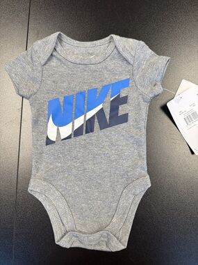 Nike Gray Heather Baby Bodysuit with Blue and White Logo